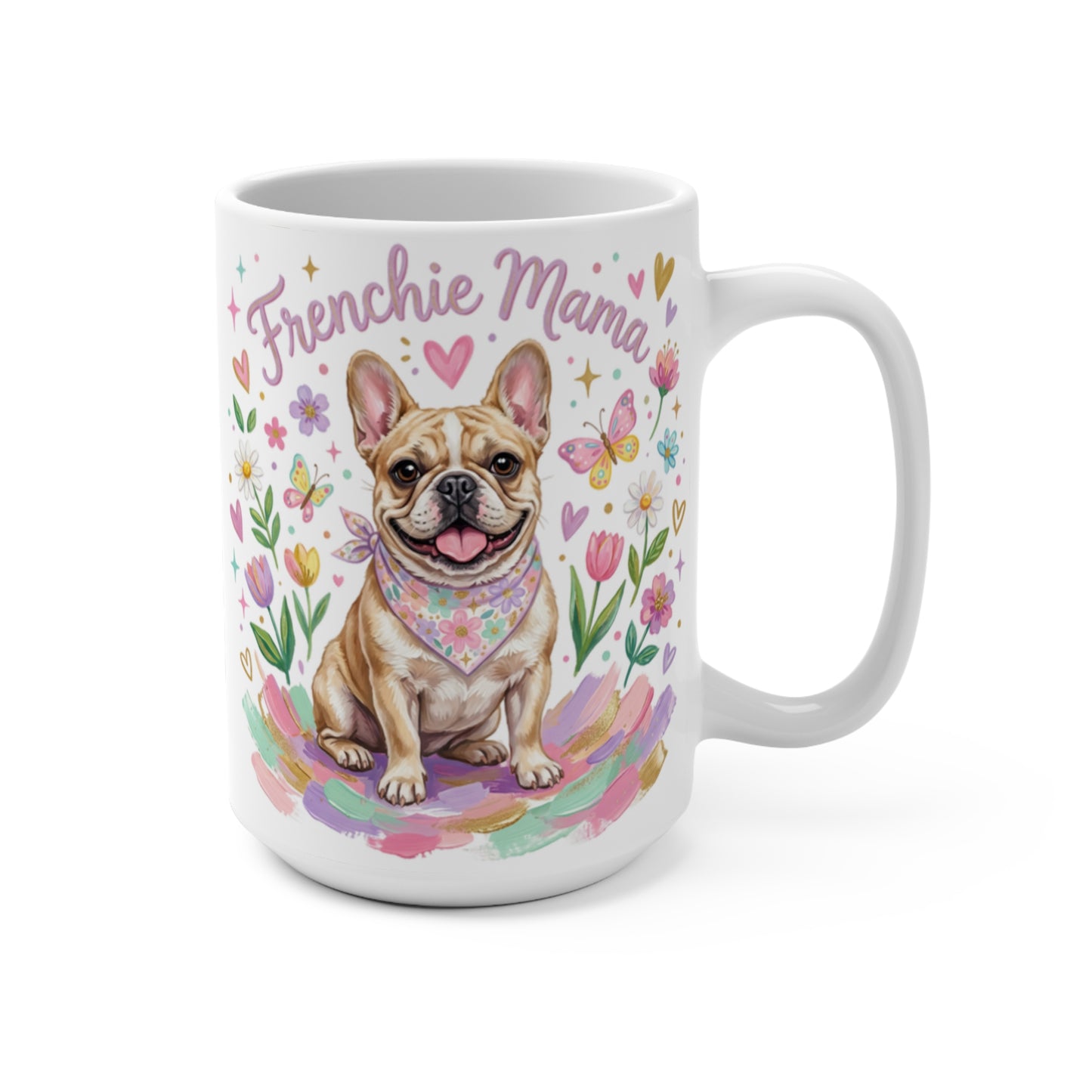 Frenchie Mama dog wearing bandana with flowers and butterflies.