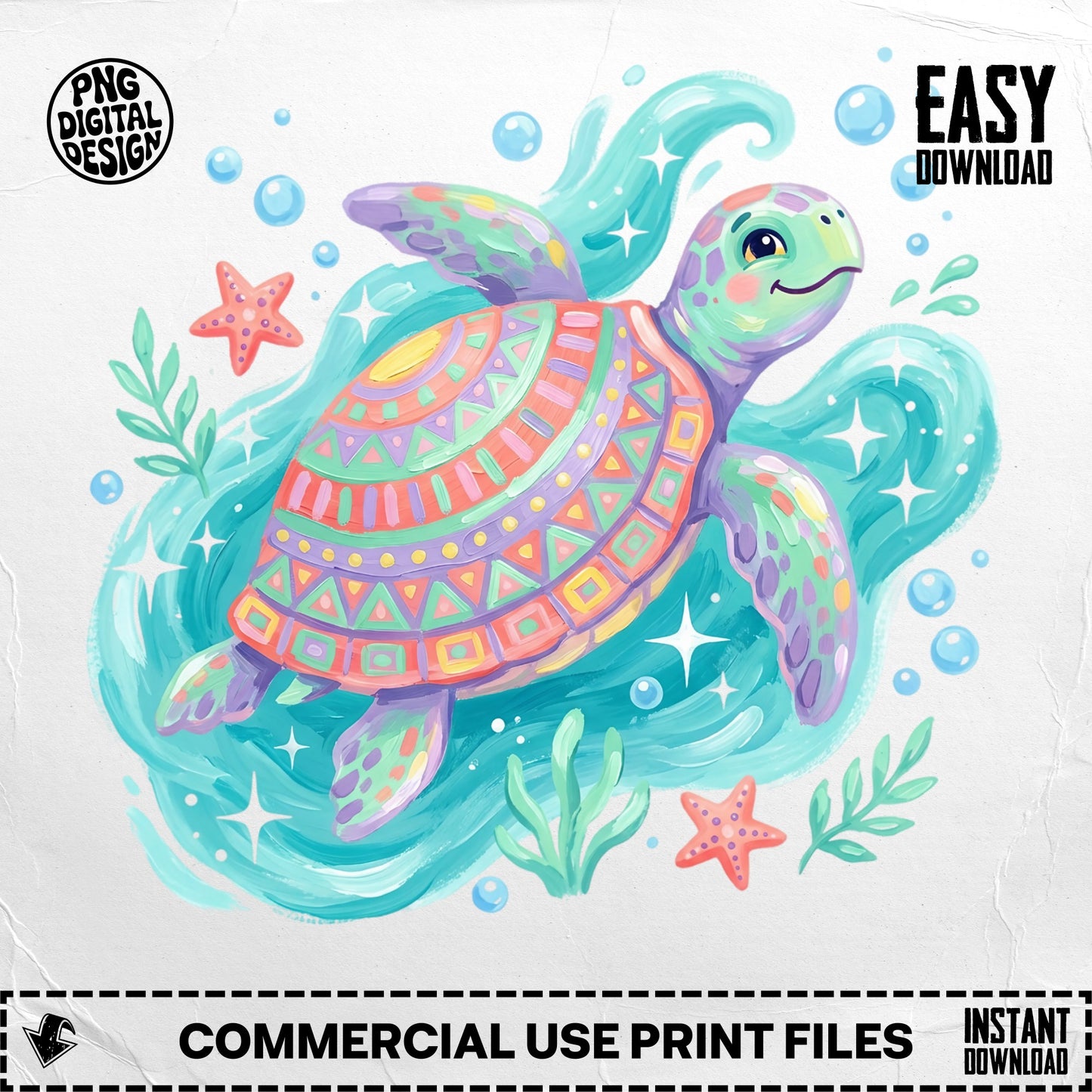 Colorful cartoon sea turtle swimming with starfish and seaweed.