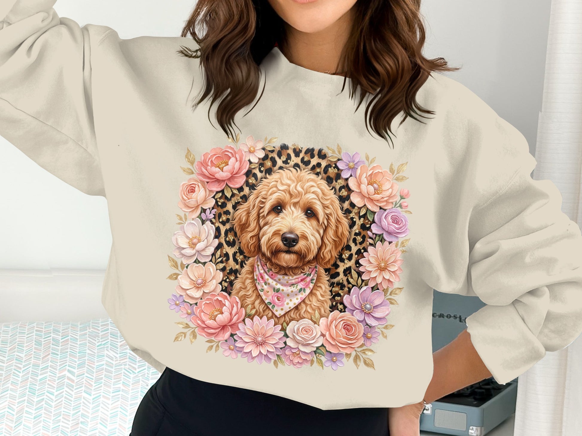 Dog wearing bandana in floral and leopard print circle.