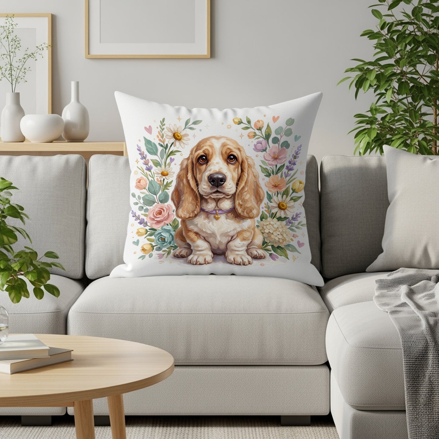 Basset Hound puppy on a white pillow with floral border.