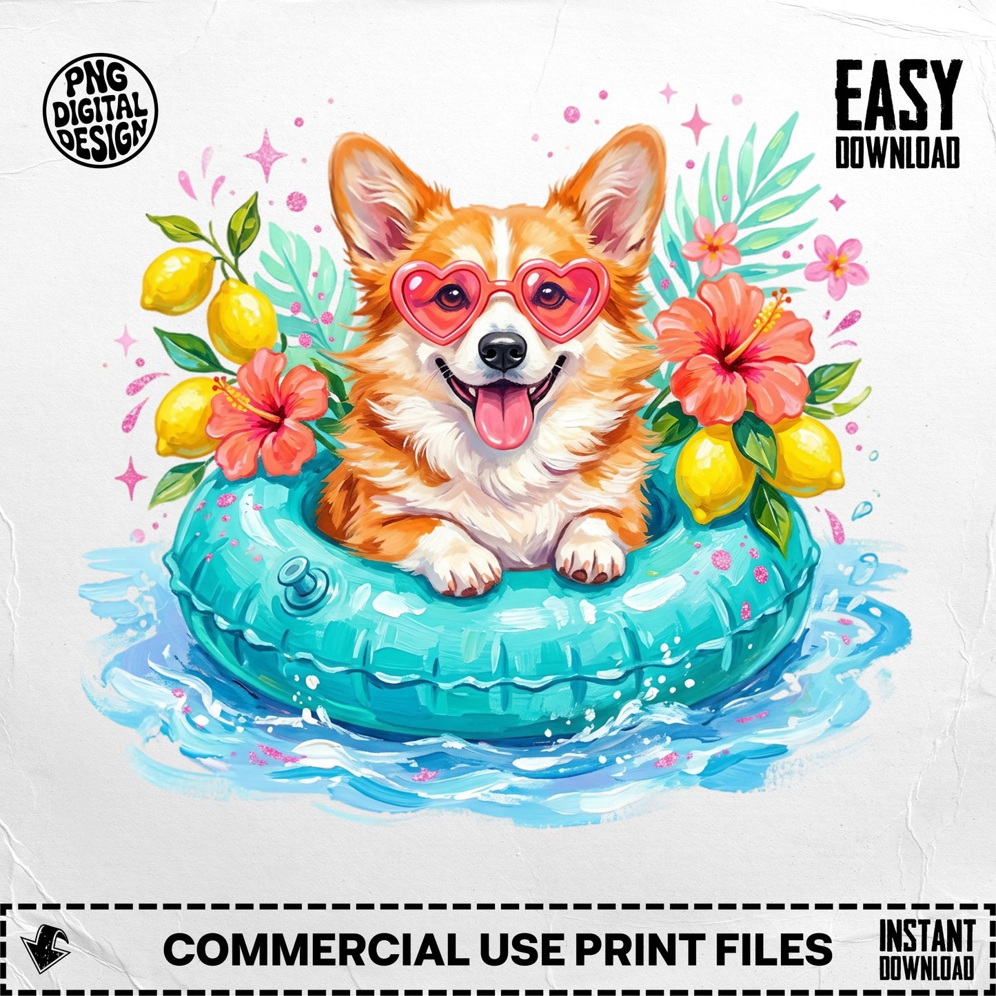 Corgi in a float with heart sunglasses surrounded by flowers and lemons.