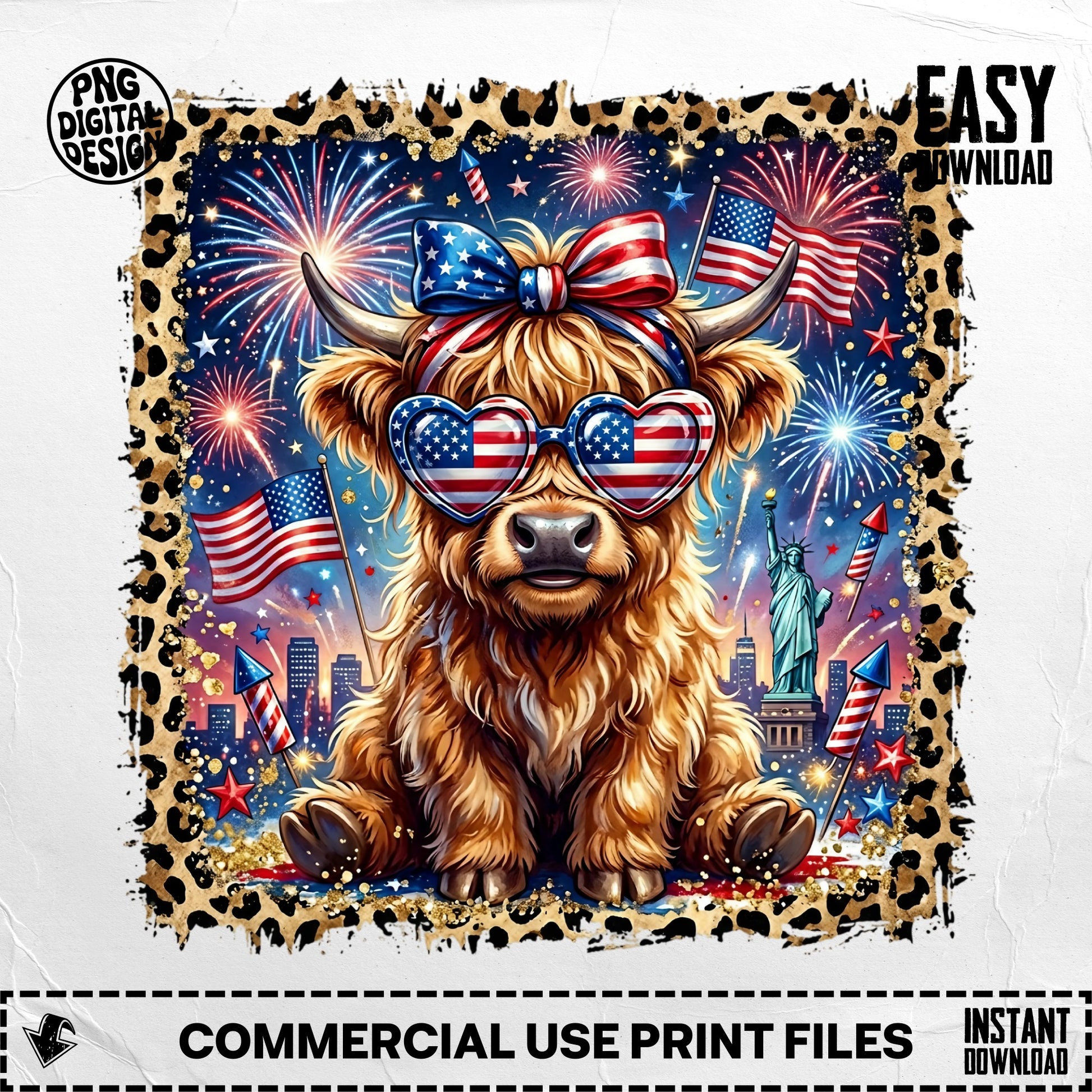 Highland cow with patriotic sunglasses and bandana, fireworks, Statue of Liberty.