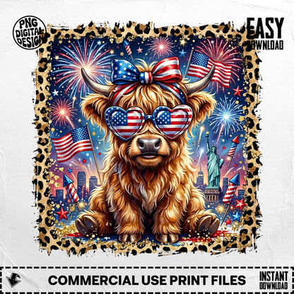 Highland cow with patriotic sunglasses and bandana, fireworks, Statue of Liberty.