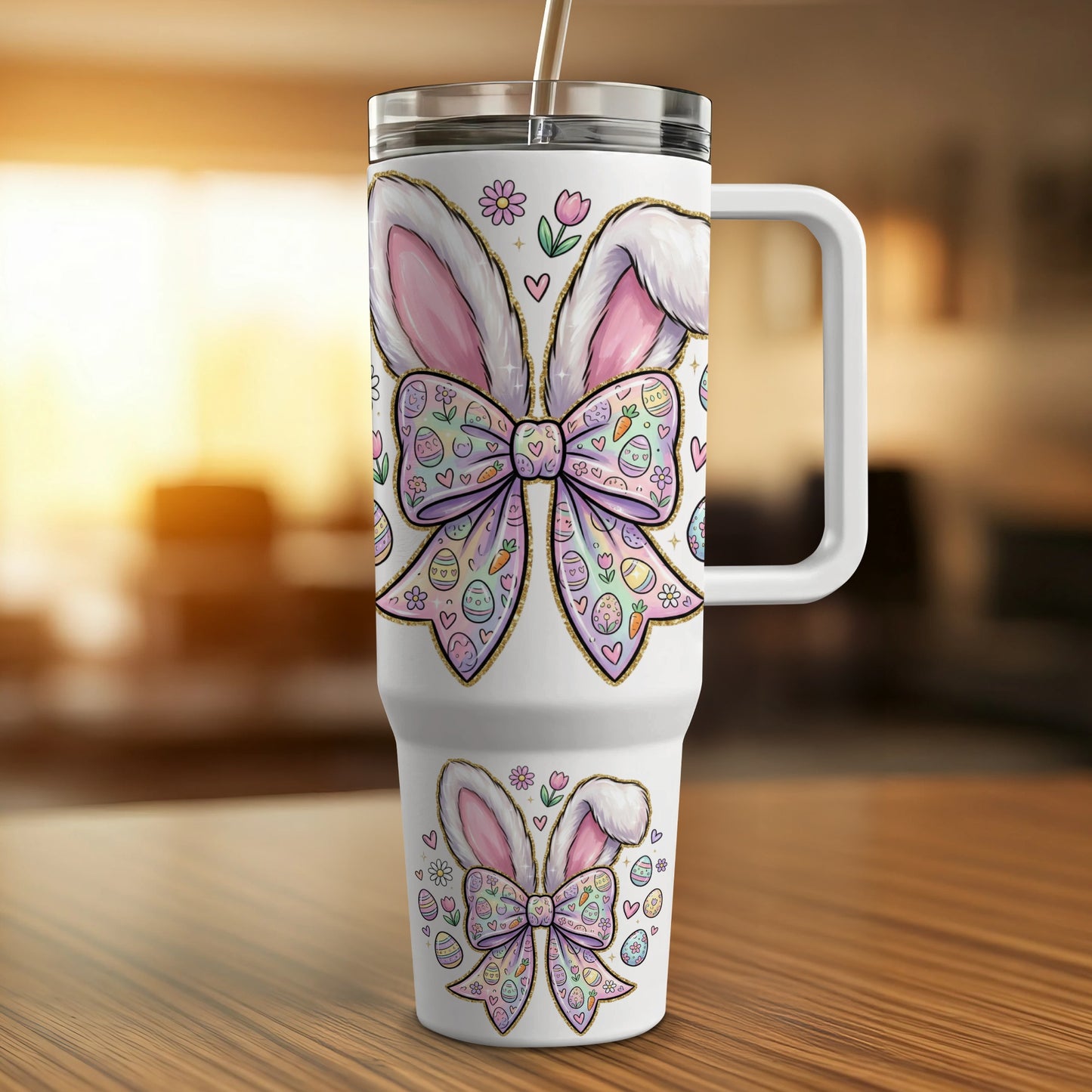 White tumbler with pink Easter bunny ears, bow, and decorated eggs.