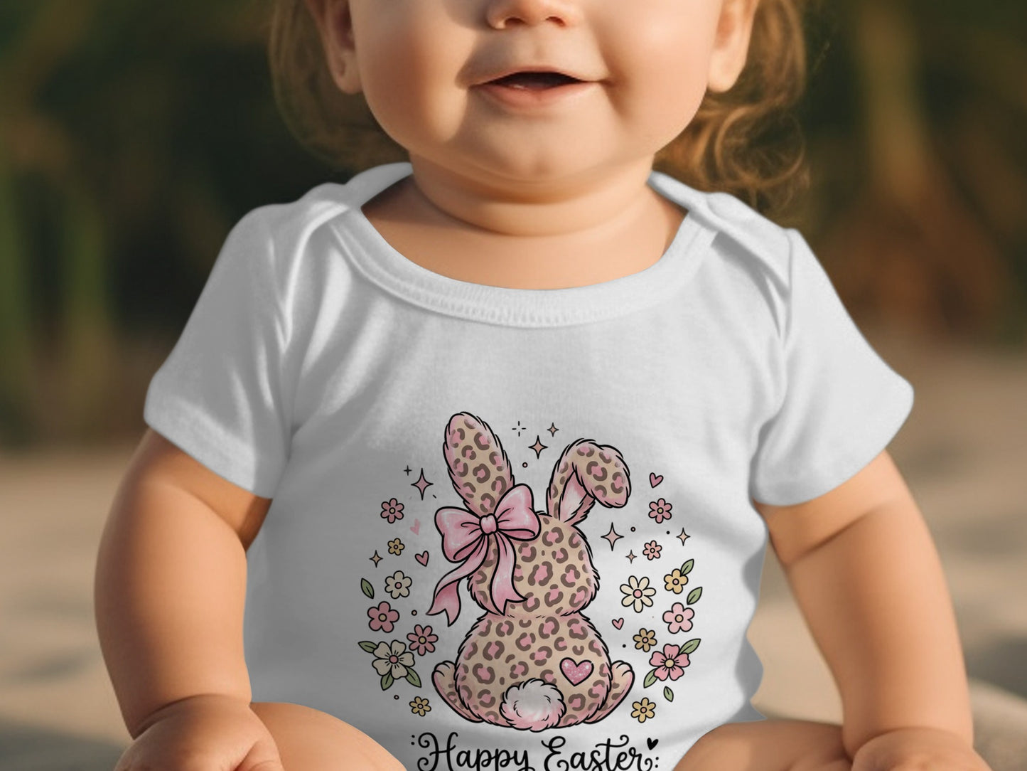 Baby wearing white onesie with leopard print bunny and "Happy Easter" text.
