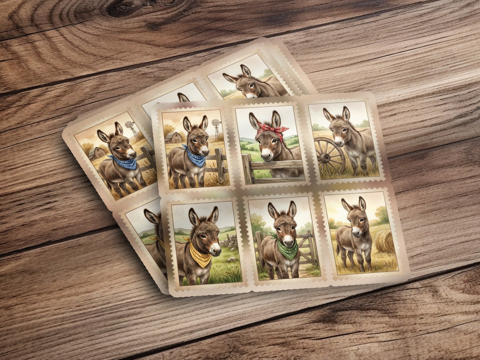 Eight postage stamps featuring cute donkey illustrations on a wooden surface.
