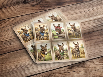 Eight postage stamps featuring cute donkey illustrations on a wooden surface.