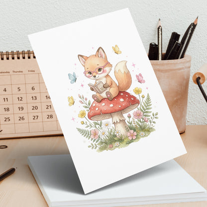 Illustration of a fox reading on a mushroom surrounded by flowers and butterflies.