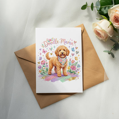 Card with "Doodle Mama" text featuring a goldendoodle dog surrounded by flowers and butterflies.