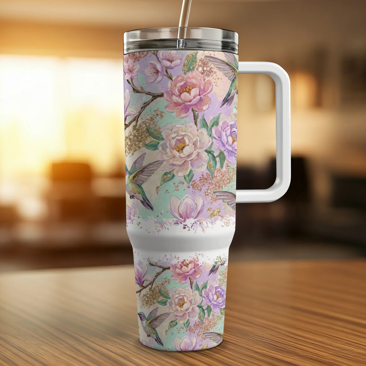 White tumbler with floral and hummingbird design, white handle, on a wooden surface.