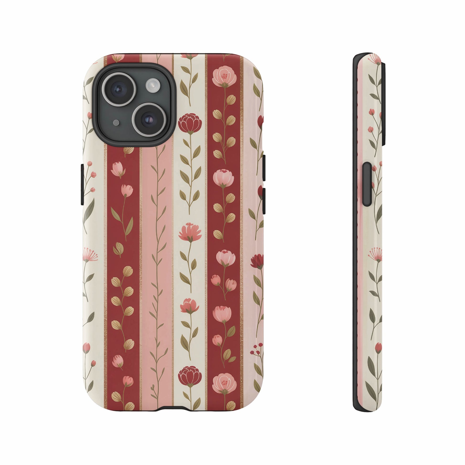 Striped phone case with pink flowers and green leaves, viewed from front and side.