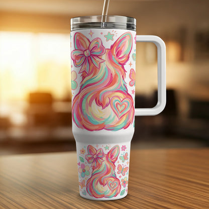 Colorful corgi and heart pattern on a white tumbler with a handle.