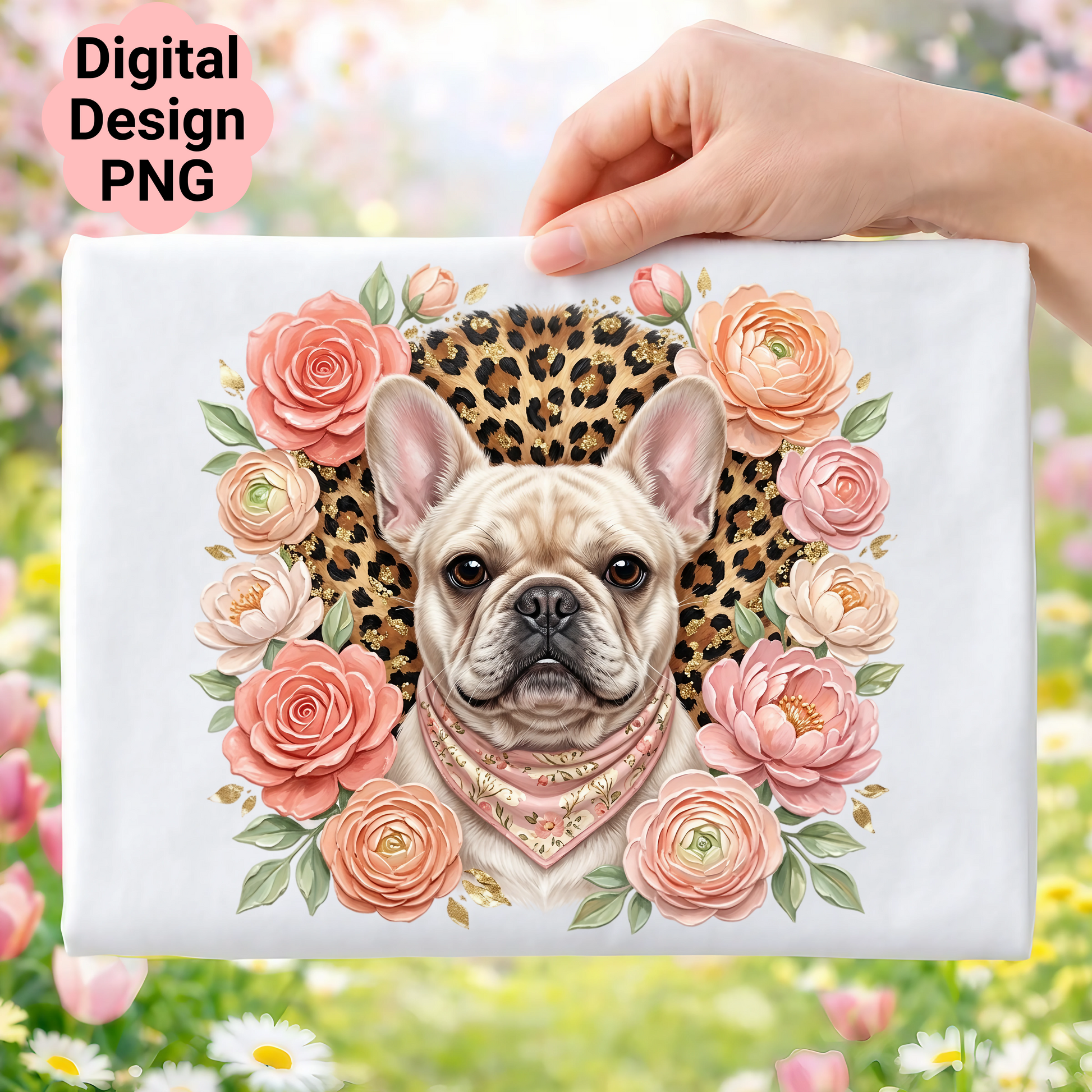 French bulldog in floral wreath with leopard print, "Digital Design PNG" text.