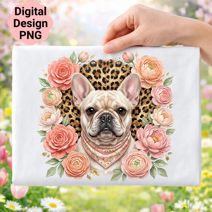 French bulldog in floral wreath with leopard print, "Digital Design PNG" text.