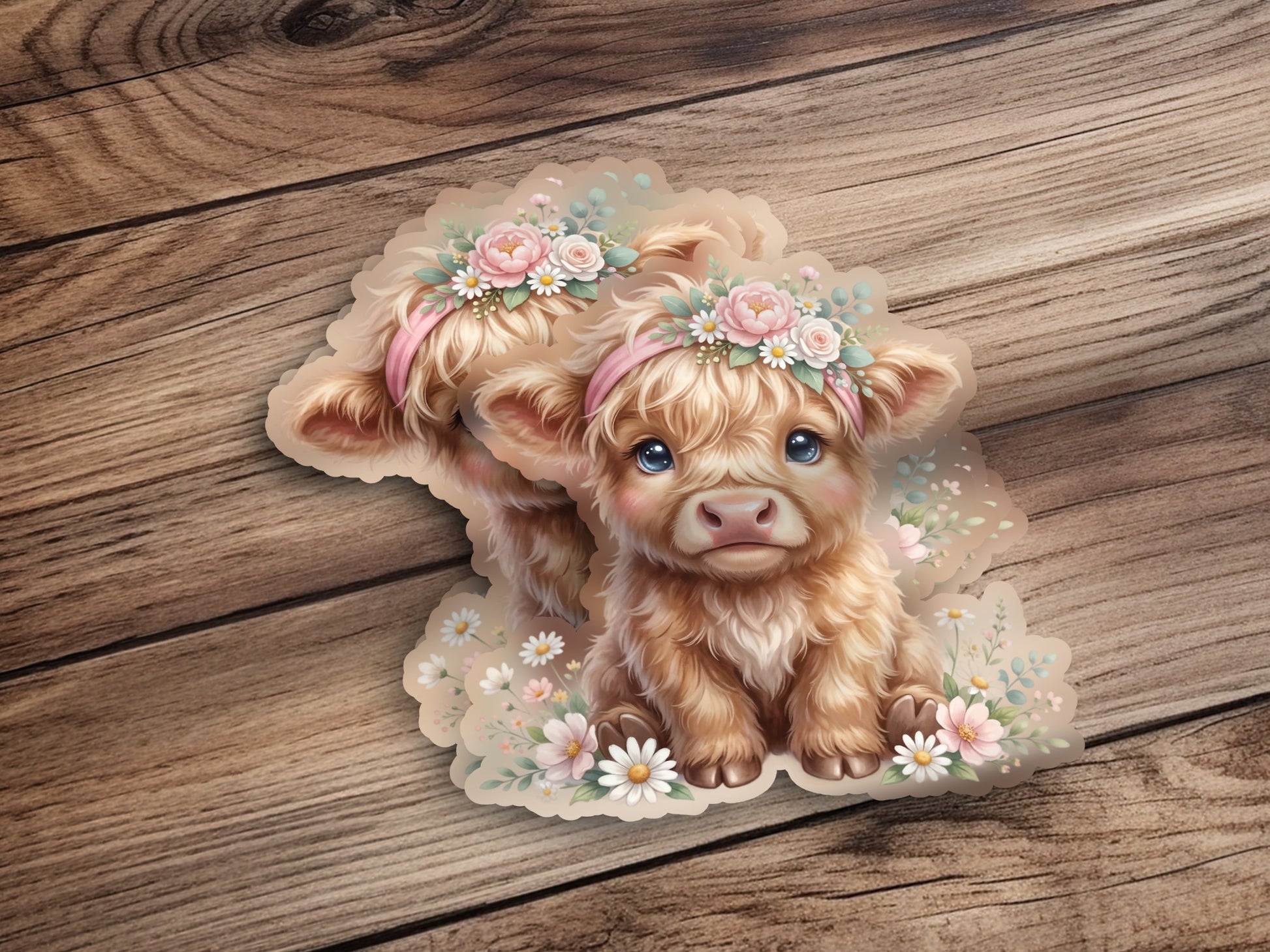 Fuzzy brown calf with flower crown sitting on wooden background.