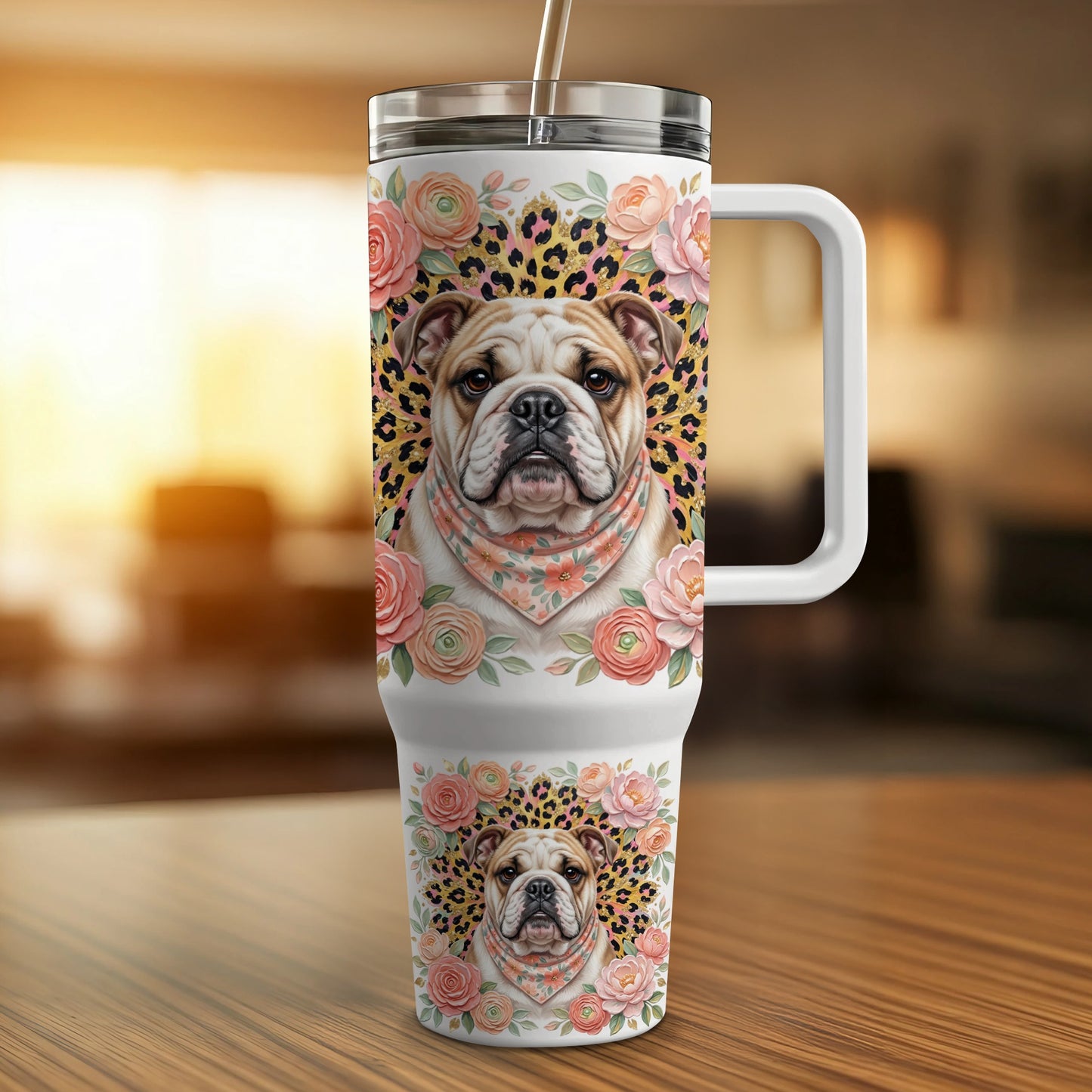 Bulldog wearing bandana surrounded by floral and leopard print on insulated tumbler.