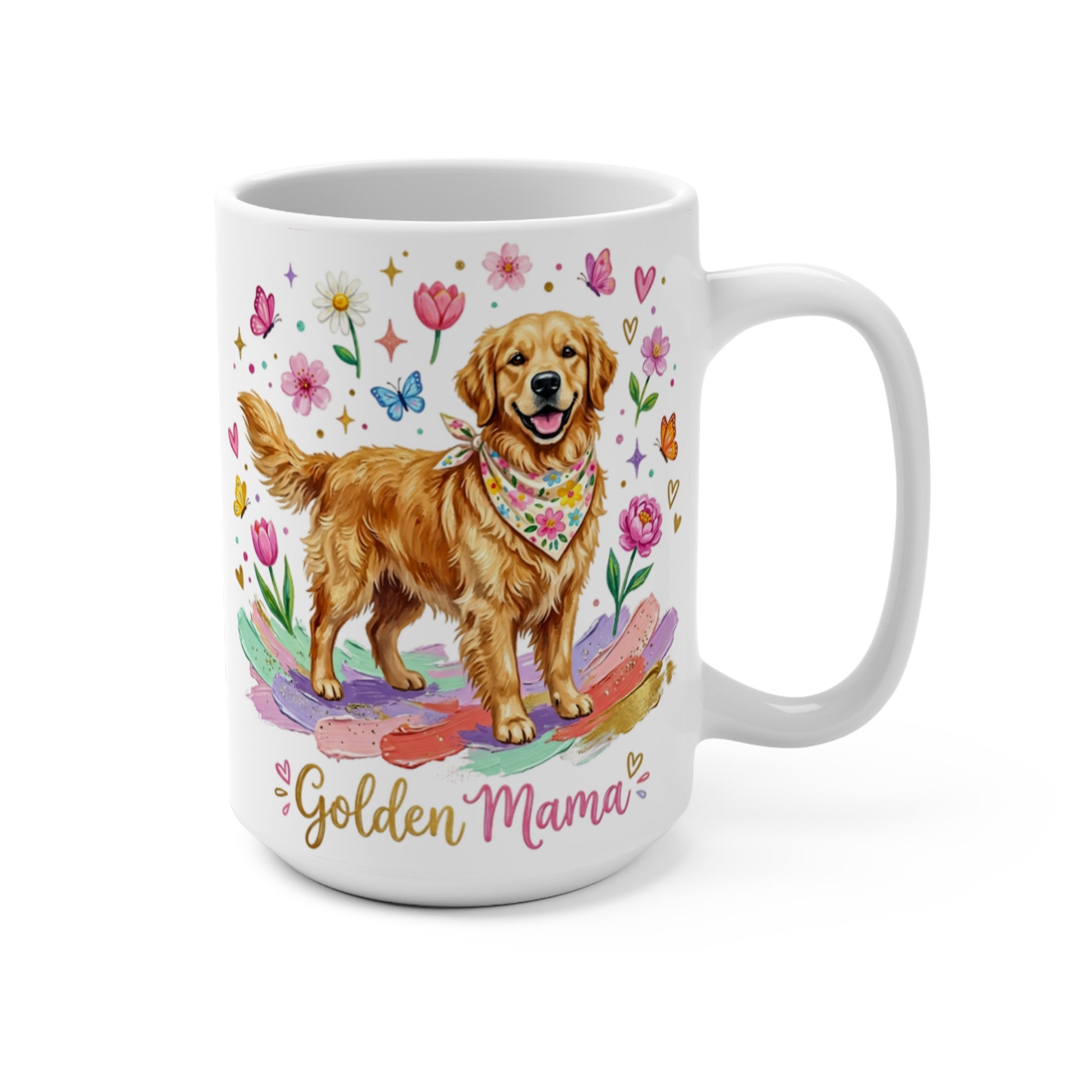Golden Retriever dog with bandana on "Golden Mama" mug.