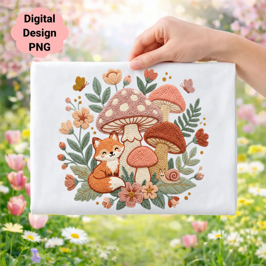Embroidery of a fox with mushrooms, butterflies, and snails on a white background.