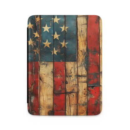 Rustic American flag design on a textured, wooden tablet case.