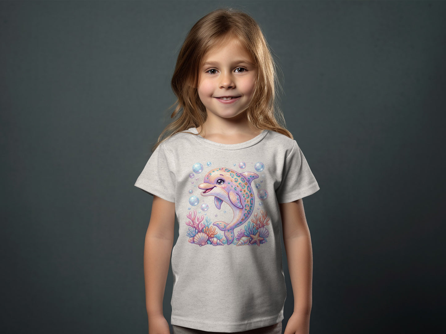 Light grey t-shirt with playful dolphin and coral graphic.