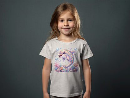 Light grey t-shirt with playful dolphin and coral graphic.