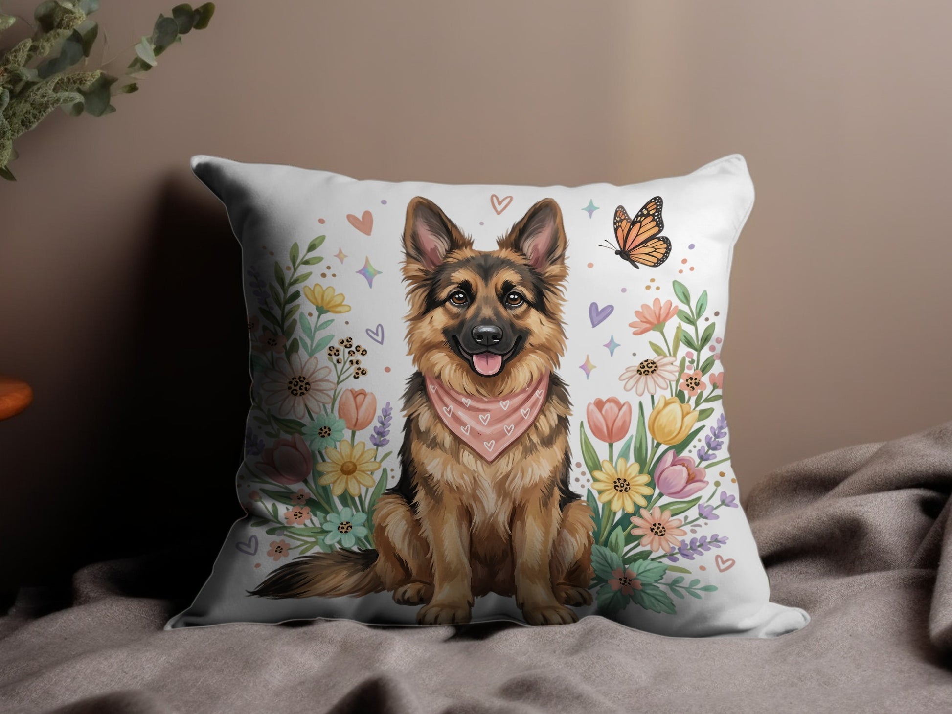 German Shepherd wearing pink bandana with flowers and butterfly.