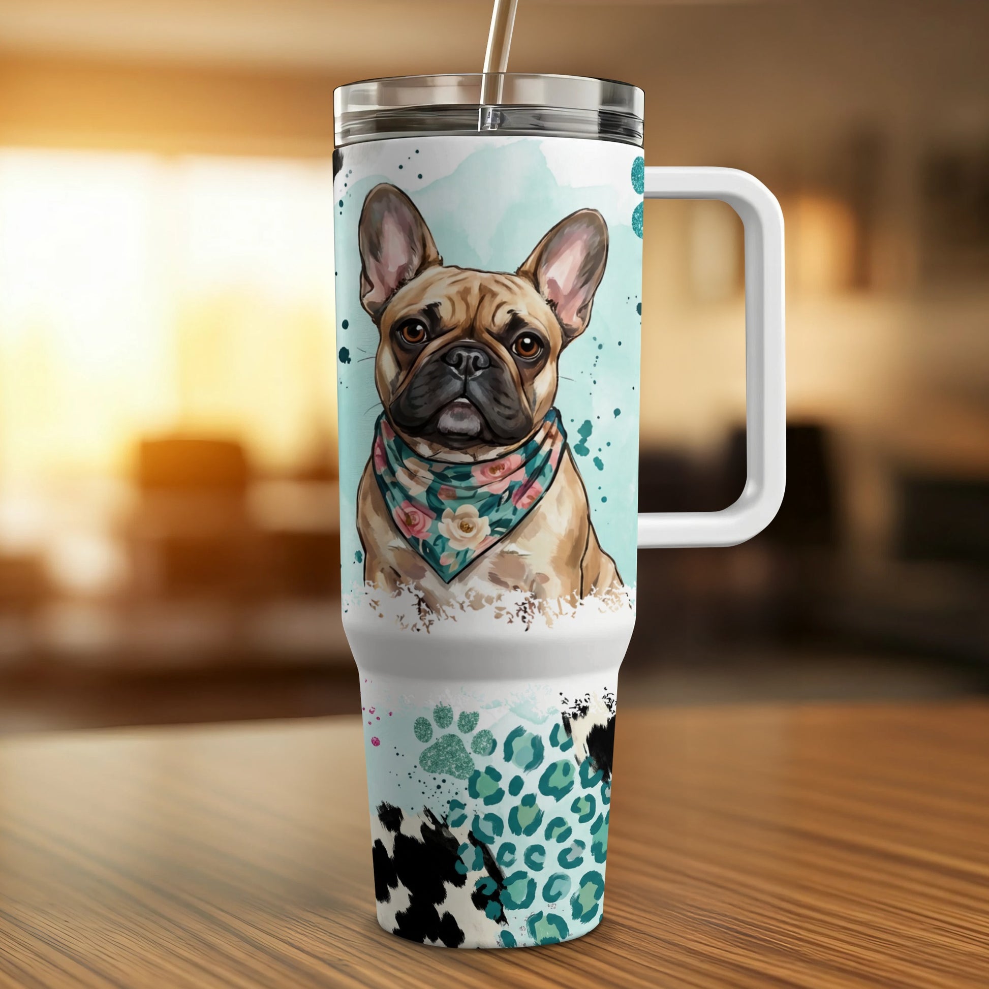 French bulldog with bandana on a tumbler with cheetah and cow print.