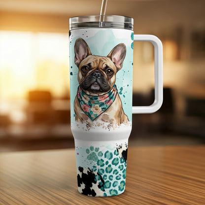 French bulldog with bandana on a tumbler with cheetah and cow print.