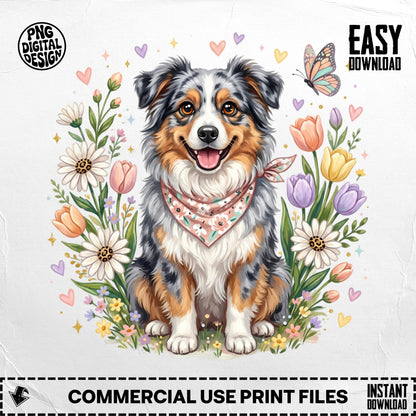 Australian Shepherd dog with bandana surrounded by flowers and hearts.