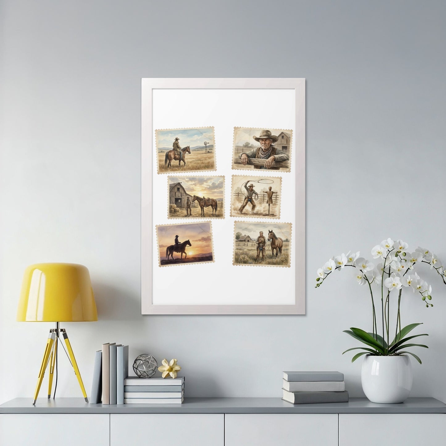 Framed collection of five vintage-style stamps depicting cowboys and horses.