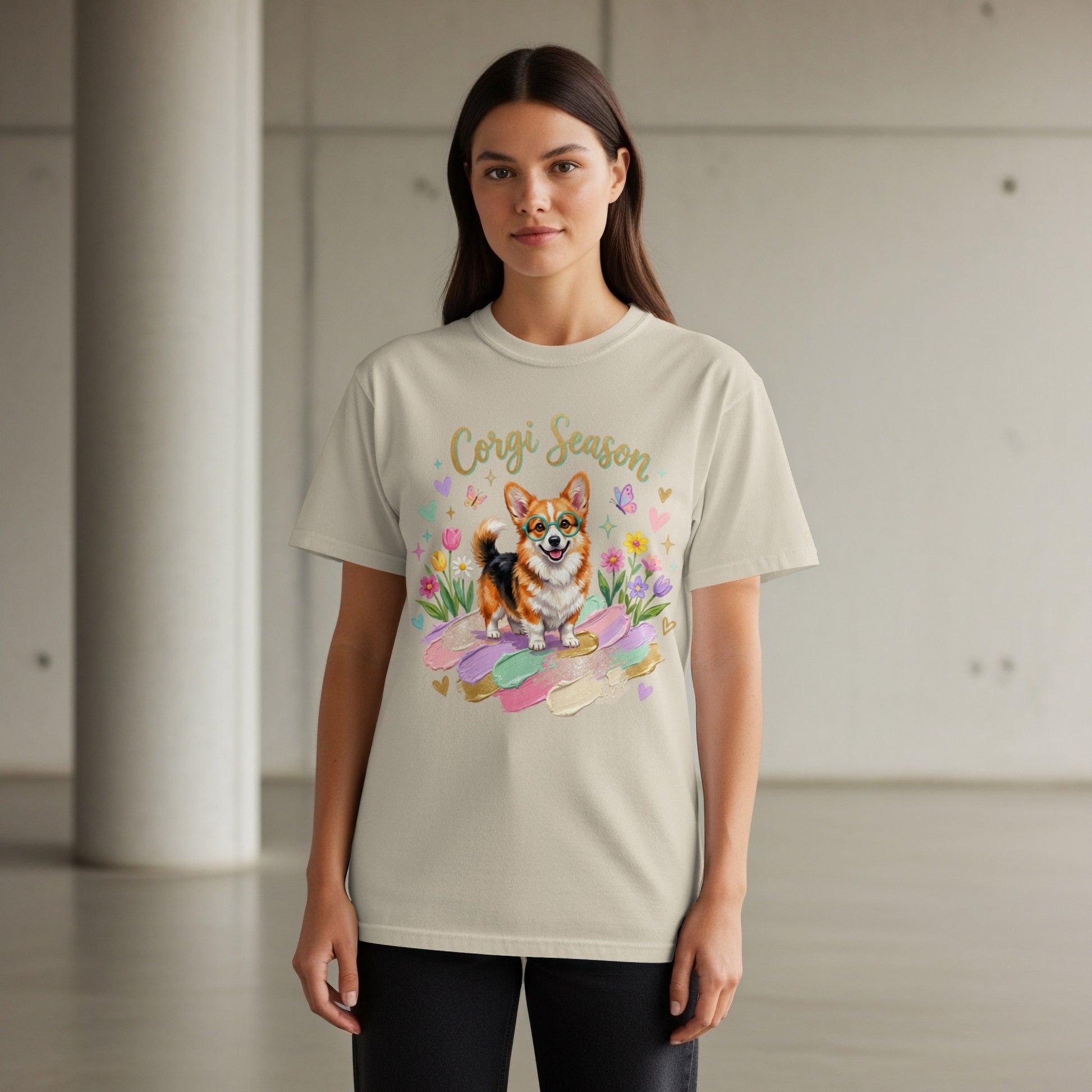 Cream t-shirt with a watercolor corgi and "Corgi Season" text.