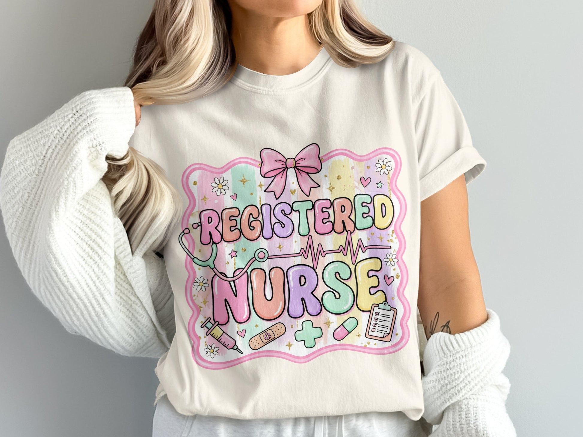 T-shirt with "Registered Nurse" text, stethoscope, and medical icons.