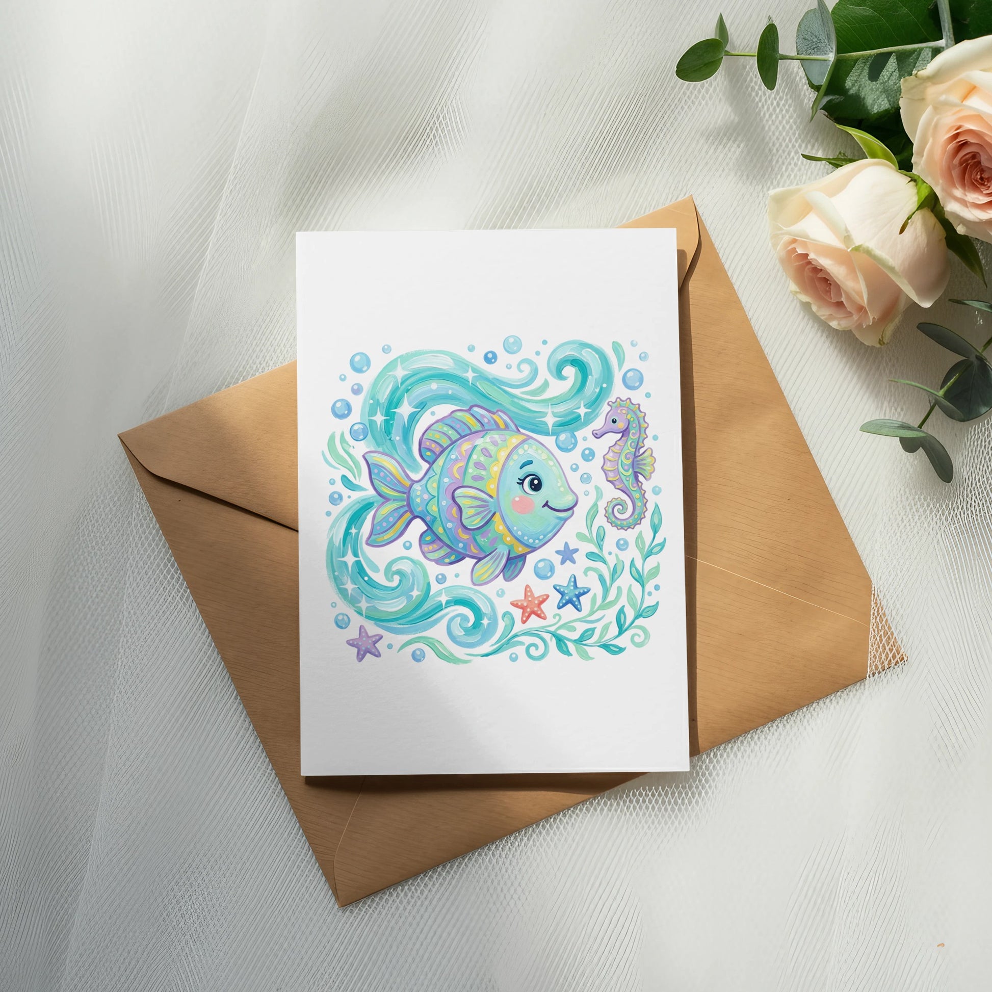 Illustrated card with colorful fish, seahorse, starfish, and bubbles on envelope.