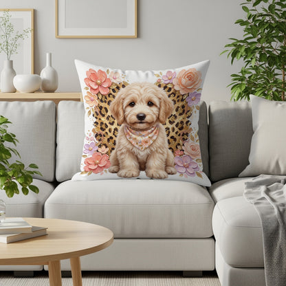 Fluffy golden doodle puppy wearing bandana on leopard print pillow.