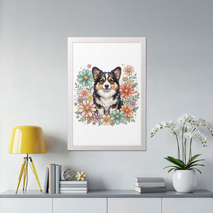 Framed artwork of a fluffy corgi surrounded by colorful flowers.