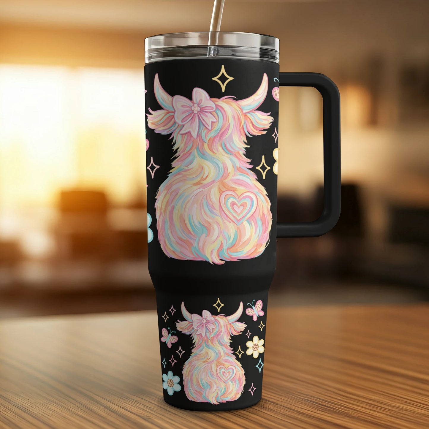 Black tumbler with colorful, fluffy cow design and pastel accents.
