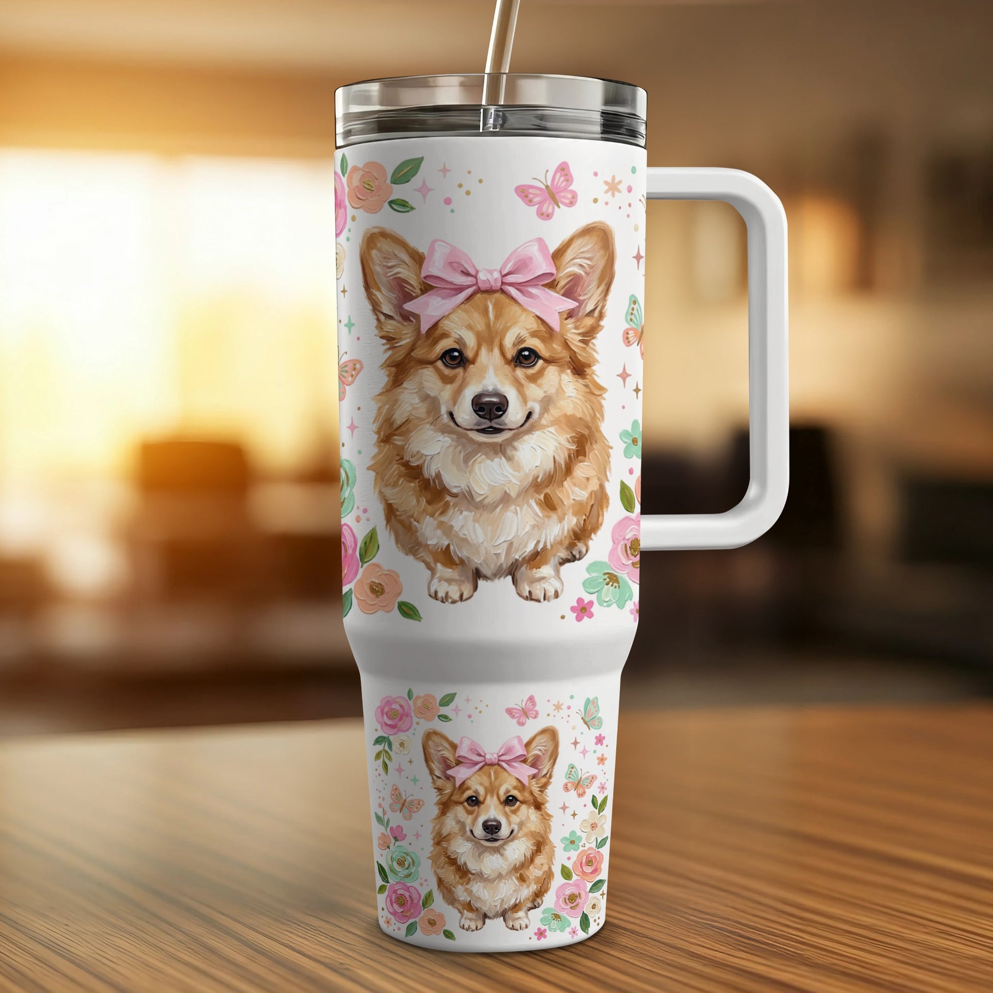 White tumbler with Corgi dog and floral pattern.