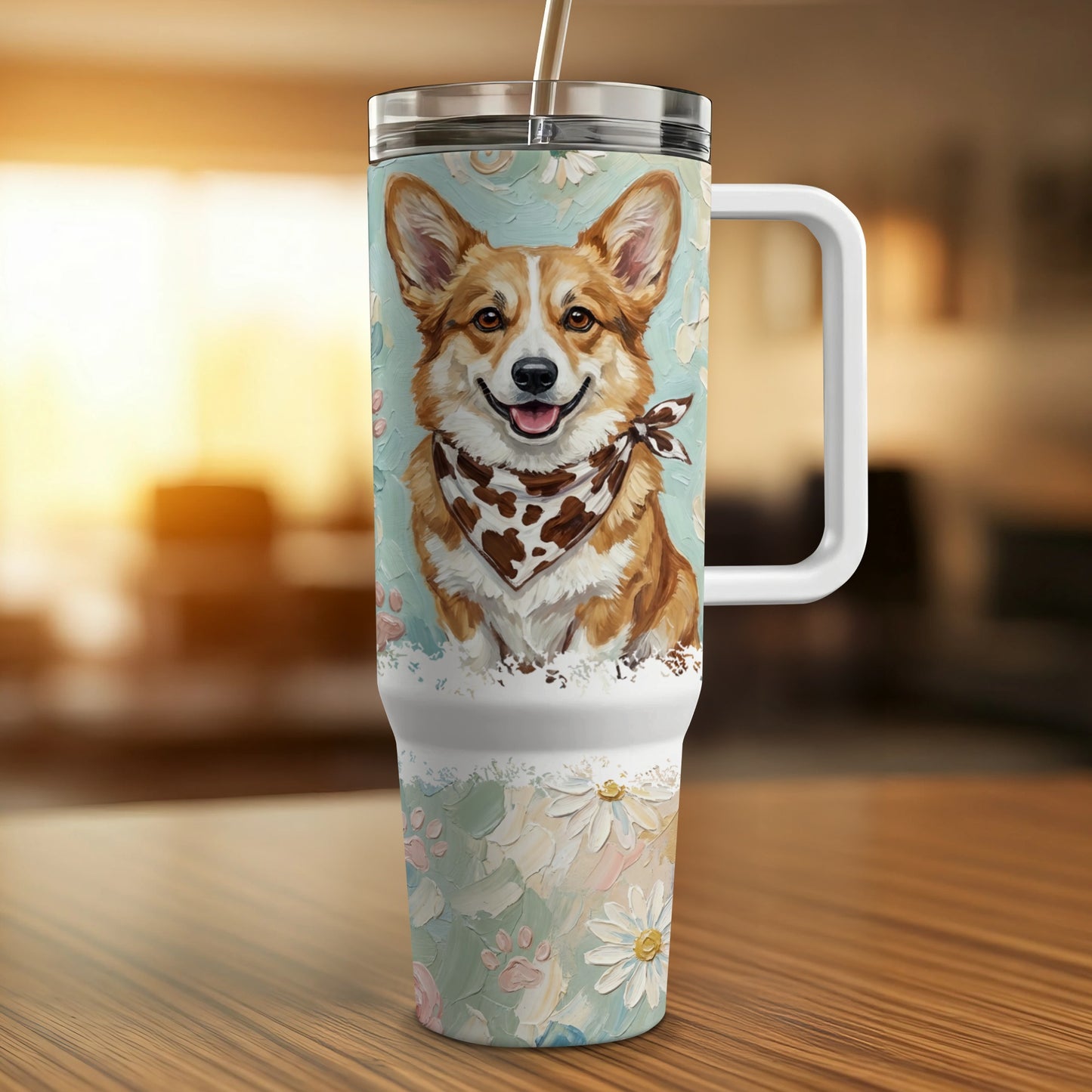 Corgi wearing a bandana on a tumbler with floral and daisy pattern.