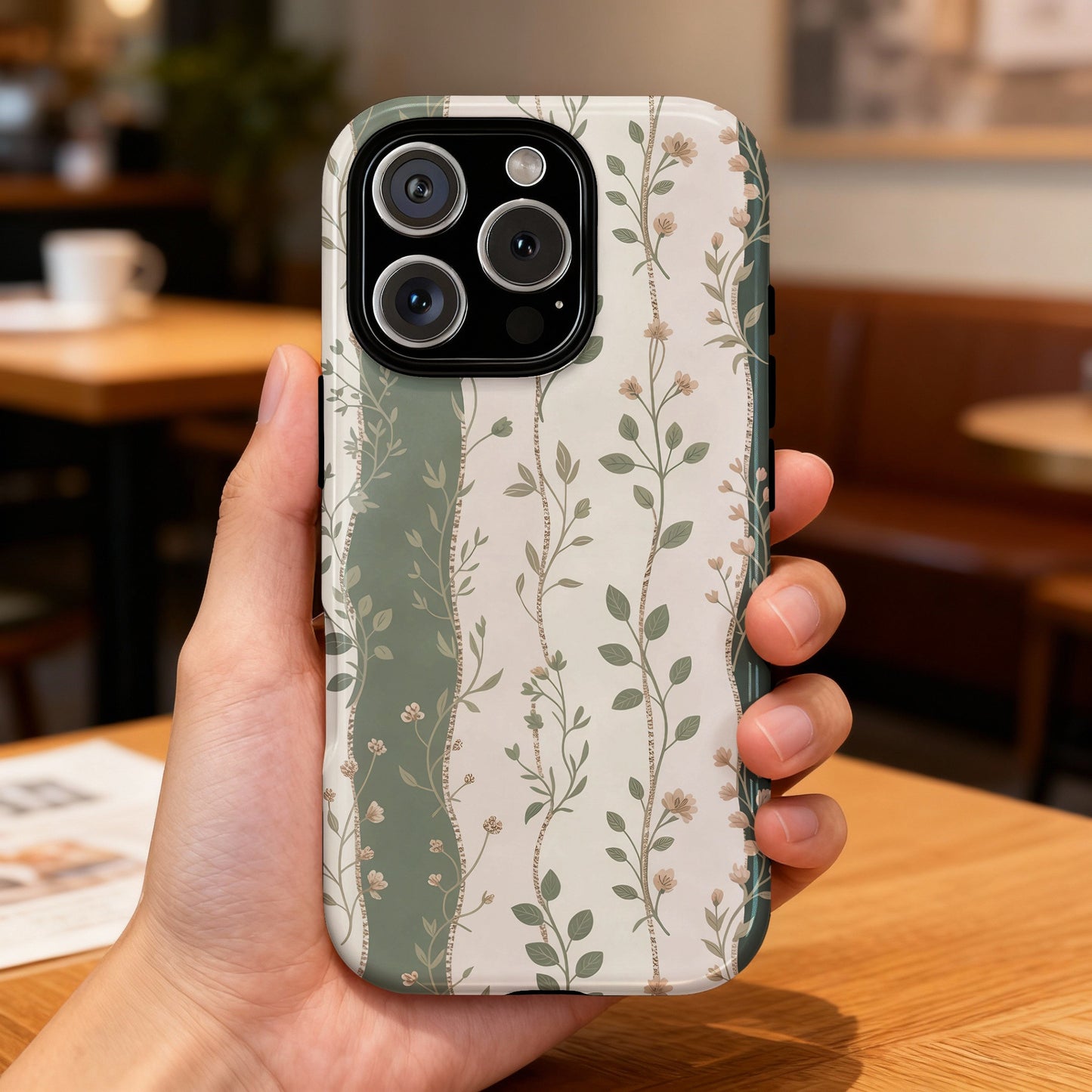 Phone case with a floral pattern featuring green stems and small pink flowers.