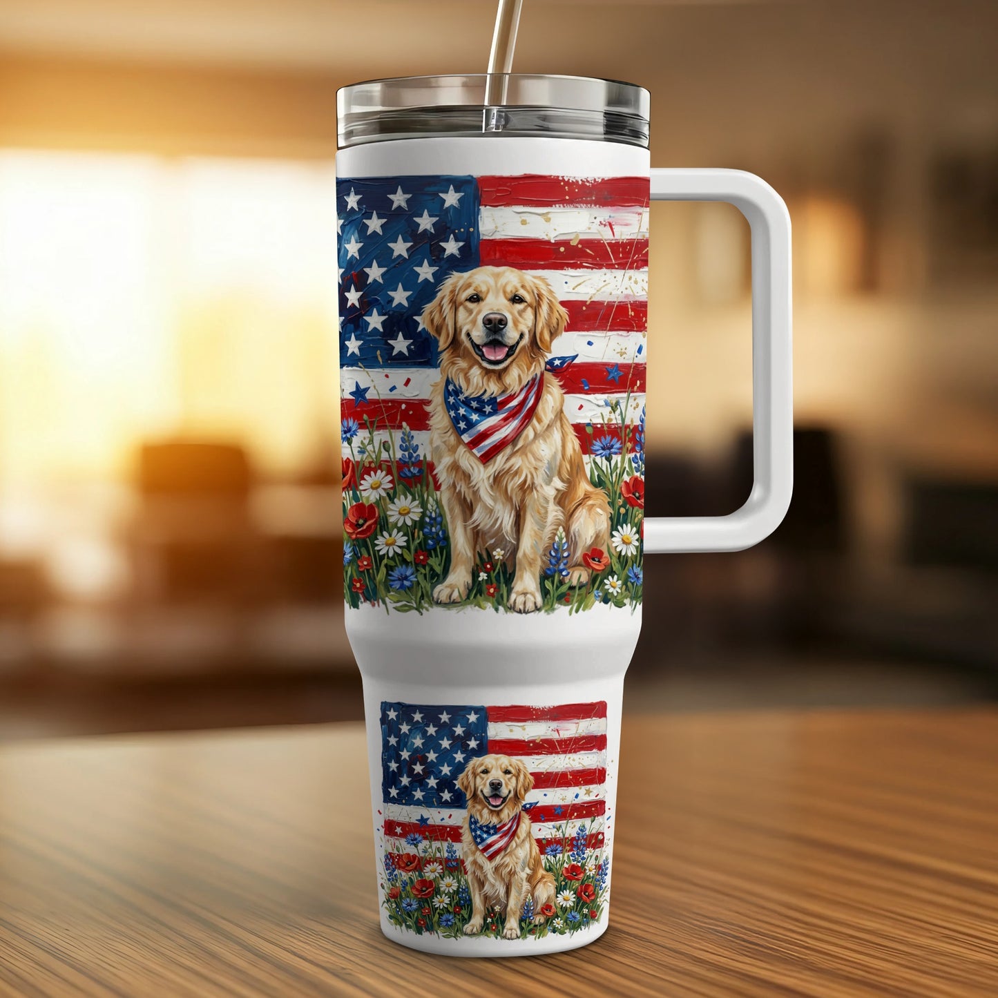 Golden retriever wearing bandana sits in front of American flag on patriotic tumbler.