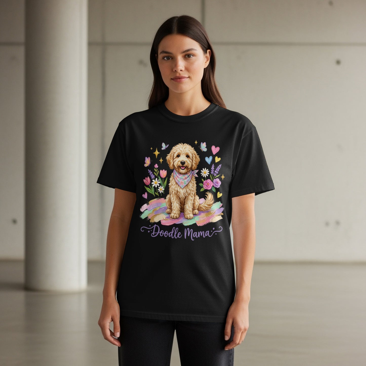 Black t-shirt with "Doodle Mama" text and a dog illustration.