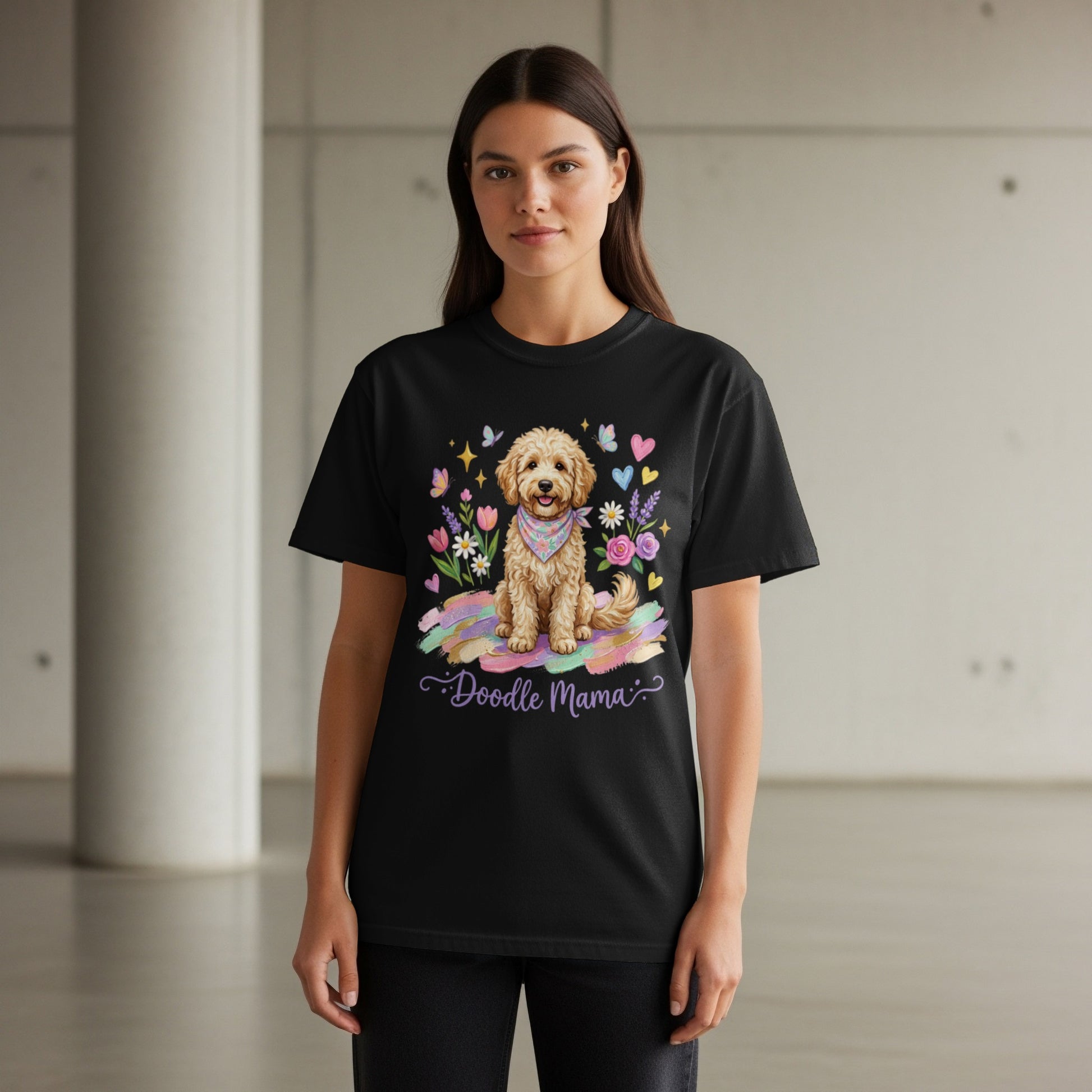 Black t-shirt with "Doodle Mama" text and a dog illustration.