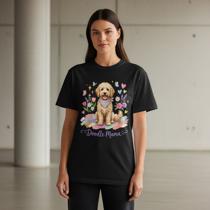 Black t-shirt with "Doodle Mama" text and a dog illustration.