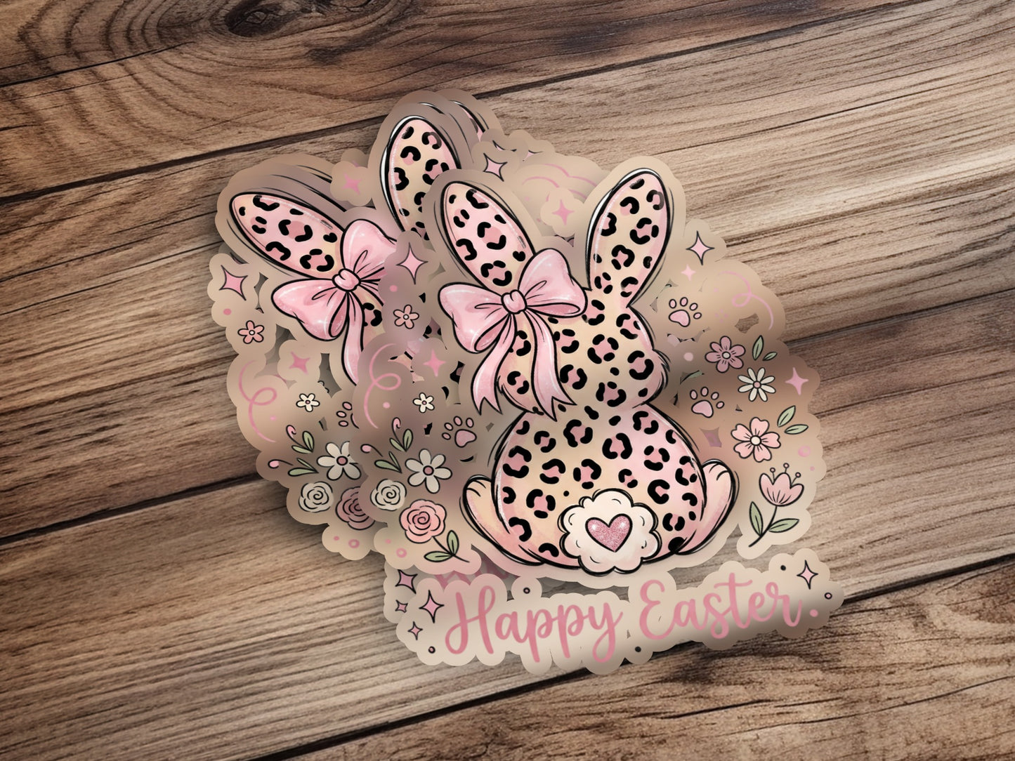 Leopard print Easter bunny stickers with pink bows and "Happy Easter" text.