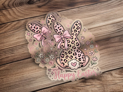 Leopard print Easter bunny stickers with pink bows and "Happy Easter" text.