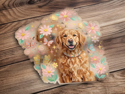 Golden retriever wearing a floral collar surrounded by flowers and butterflies.