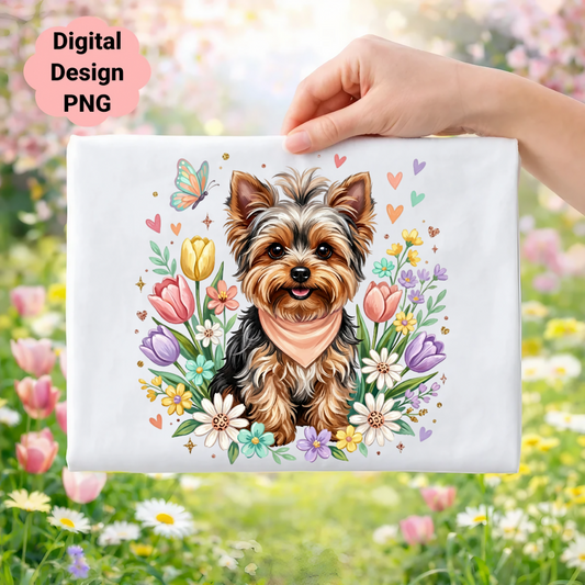 Yorkshire terrier with flowers and hearts, digital design PNG.