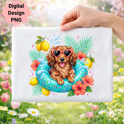 Dachshund in a life preserver with lemons and tropical flowers.