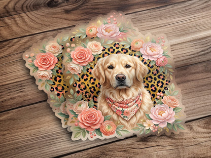 Golden retriever wearing bandana surrounded by roses and leopard print.