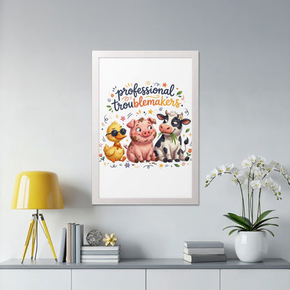 Three cartoon farm animals, a duck, pig, and cow, in a framed picture.